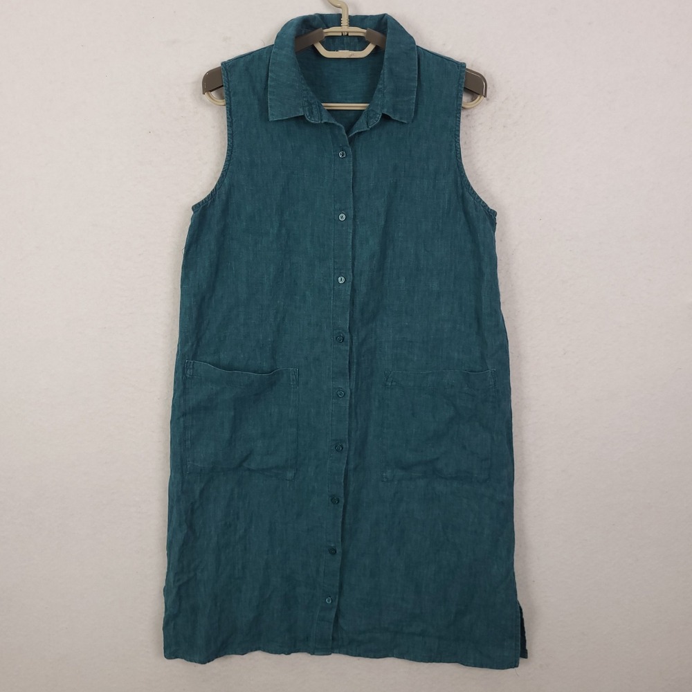Eileen Fisher Shirt Dress Womens XS Teal Blue Organic Linen Sleeveless Button Up